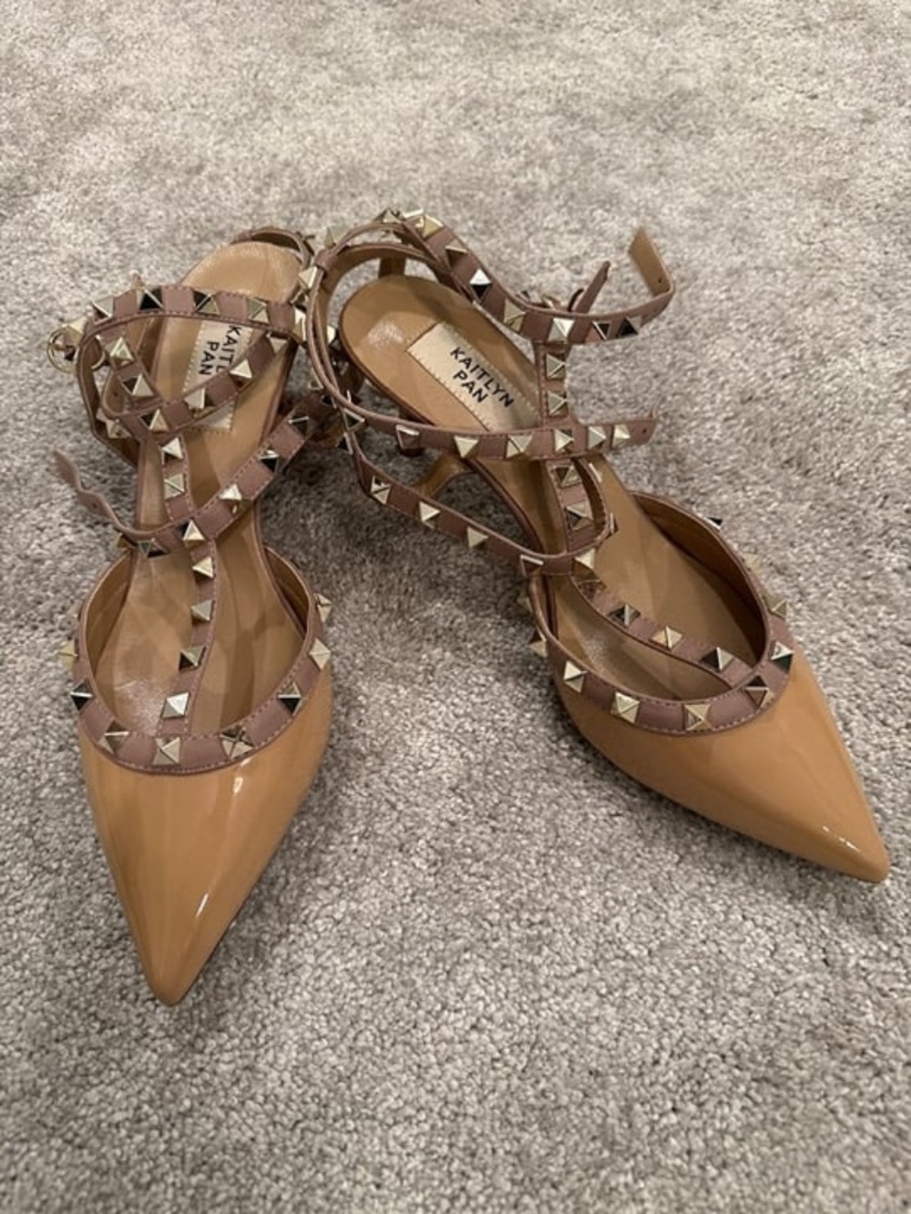 Kaitlyn Tan Patent Pointed-Toe Studded Strappy 3” Heels US sz 8